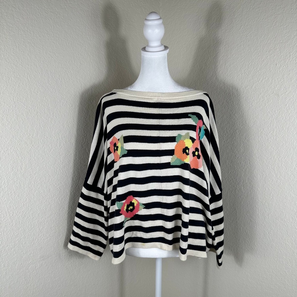 Weekend Max Mara Sweater Womens L Cream Black Striped Floral Boxy Knit Boatneck
